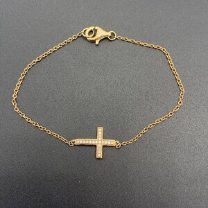 VTG Gold Tone Sideways Cross Bracelet CZ Accent Stones Cable Chain 7.5" Long